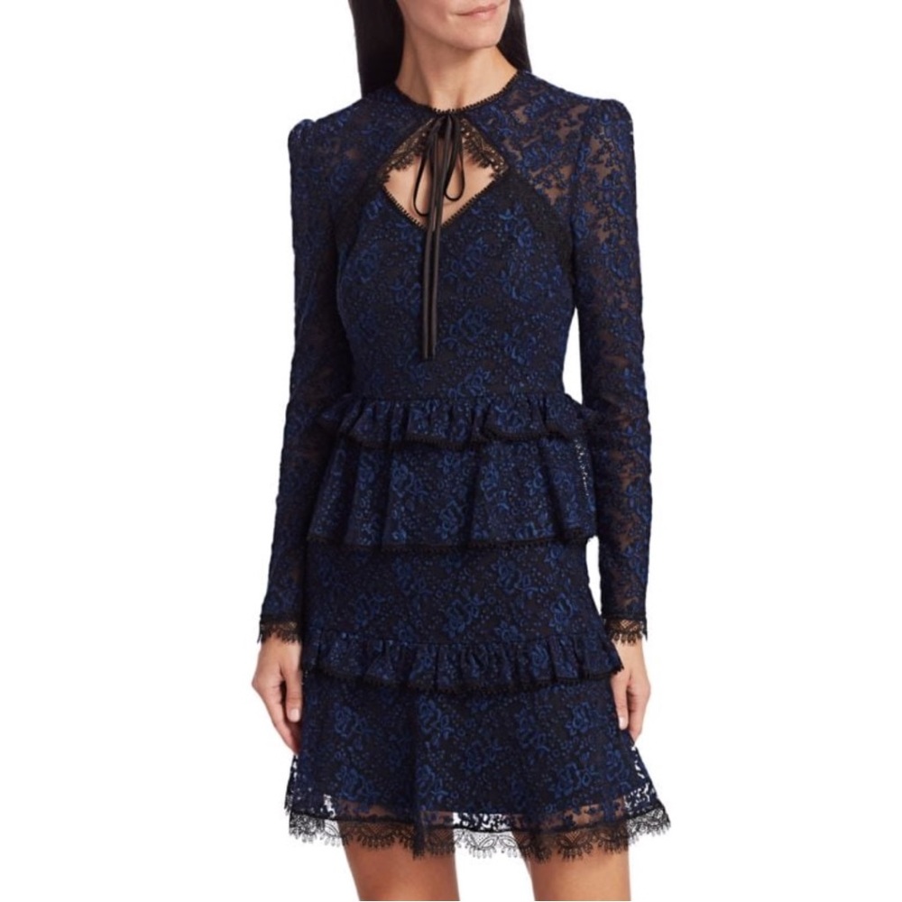 ML Monique Lhuillier Tie Neck Lace Dress NWT Size 4 Blue and Black Mini